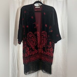 Urban Outfitters Black and Red crushed velvet fringe trim Baroque Kimono
